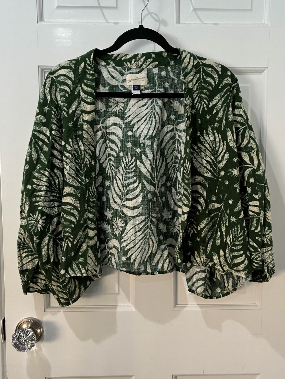 Botanical leaf print open-front kimono jacket, OSFM